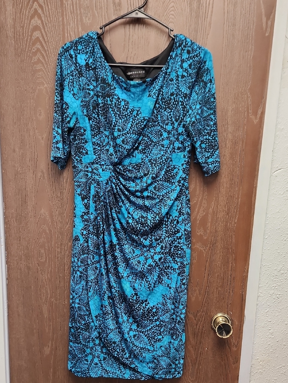 connected apparel Turquoise & Black Gathered-Front Midi Dress